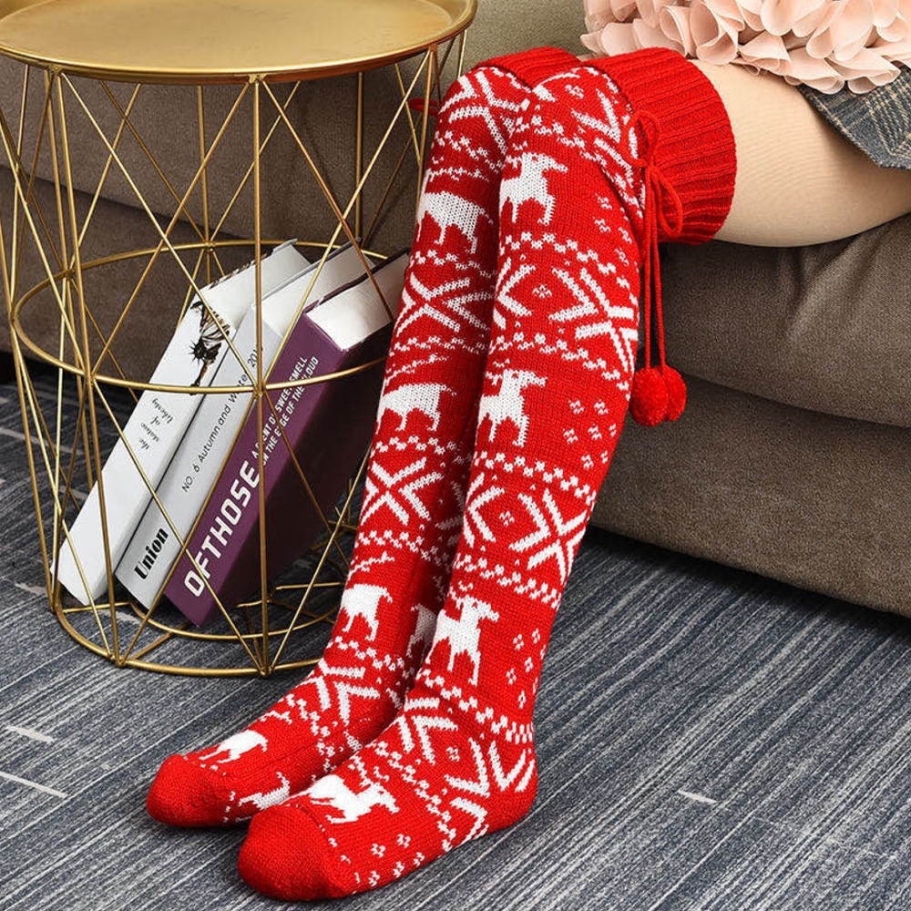 Sexy Over the Knee Red Knit Reindeer Snowflake Socks with Pom Poms - Picture 2 of 15